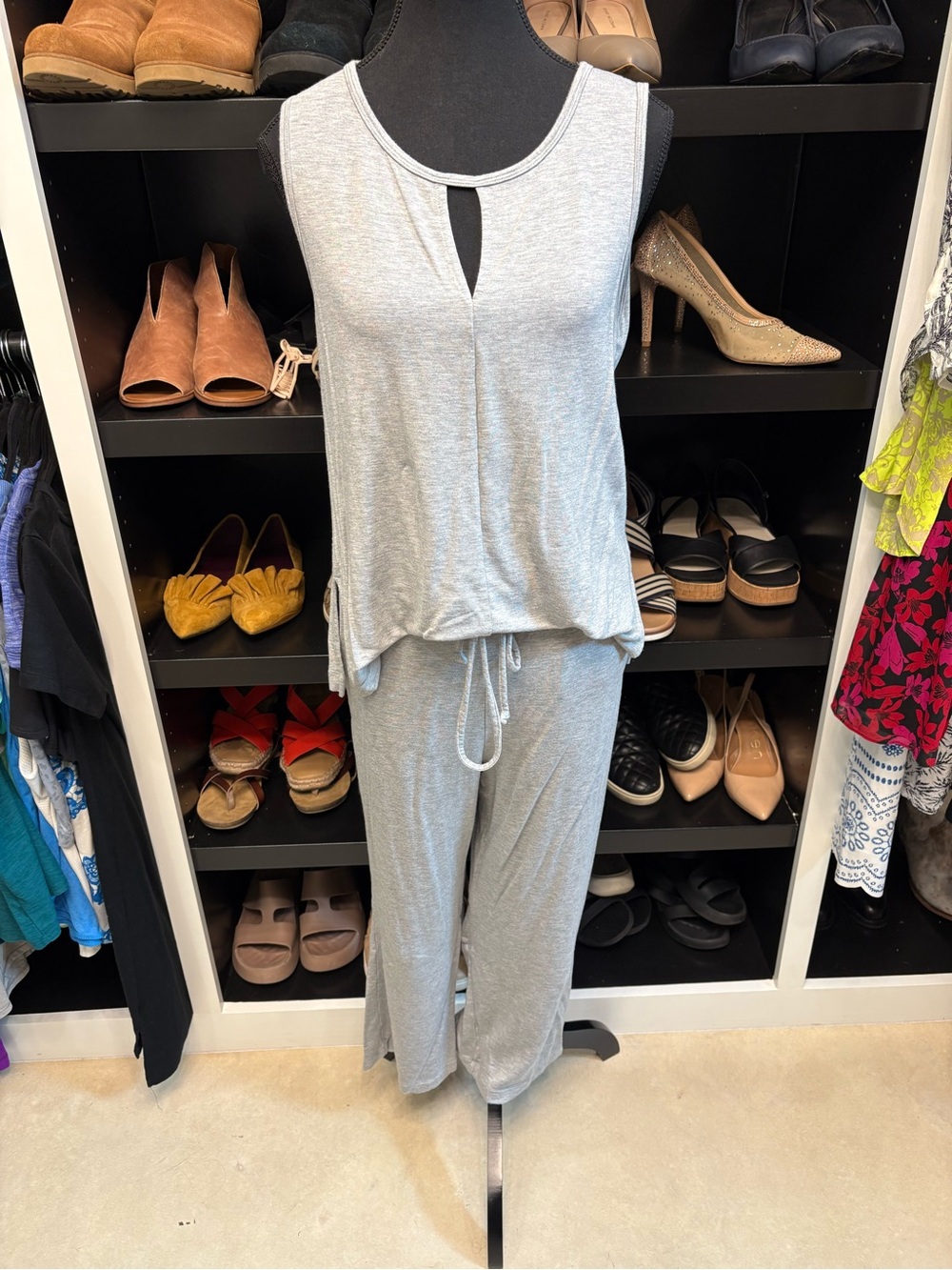 CAbi Light Heather Gray Sleeveless Knit Jumpsuit with Drawstring